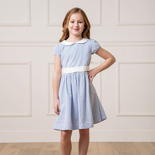 Organic Short Sleeve Seersucker Dress with Peter Pan Collar, Blue Seersucker - Dresses - 3