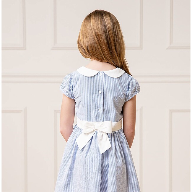 Organic Short Sleeve Seersucker Dress with Peter Pan Collar, Blue Seersucker - Dresses - 4