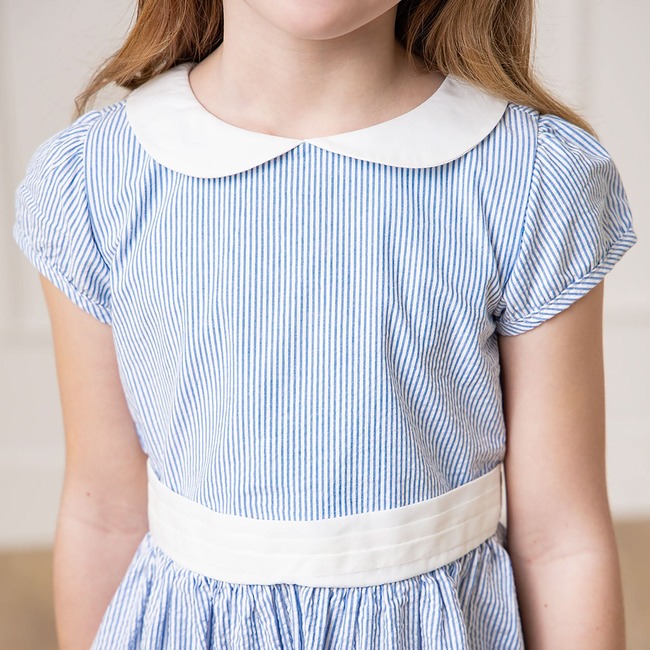 Organic Short Sleeve Seersucker Dress with Peter Pan Collar, Blue Seersucker - Dresses - 5
