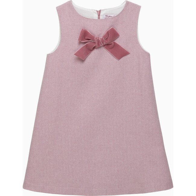 Kids Georgina Bow Dress, Pink Herringbone