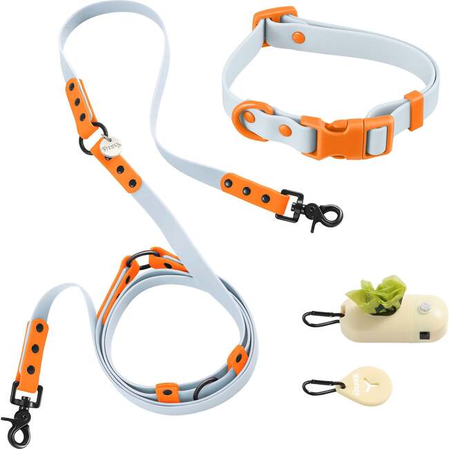 Luna 8FT Adjustable 6-in-1 Waterproof Hands Free Leash and Collar with LED Flashlight, Bag Dispenser, and Poop Bag Holder, Light Blue/Orange