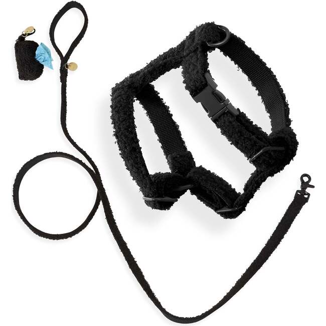 Teddy Bouclé Adjustable H Harness and Leash Walk Set with Poop Bag Pouch, Black
