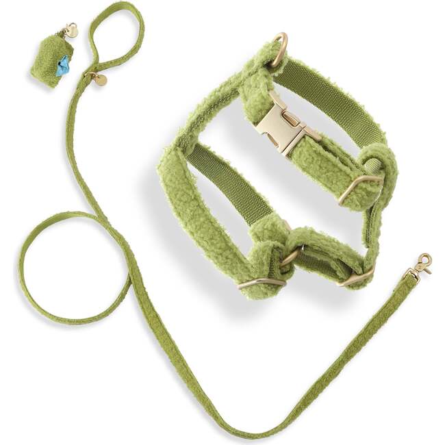 Teddy Bouclé Adjustable H Harness and Leash Walk Set with Poop Bag Pouch, Olive Green