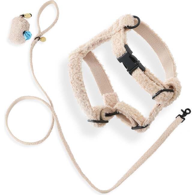 Teddy Bouclé Adjustable H Harness and Leash Walk Set with Poop Bag Pouch, Beige