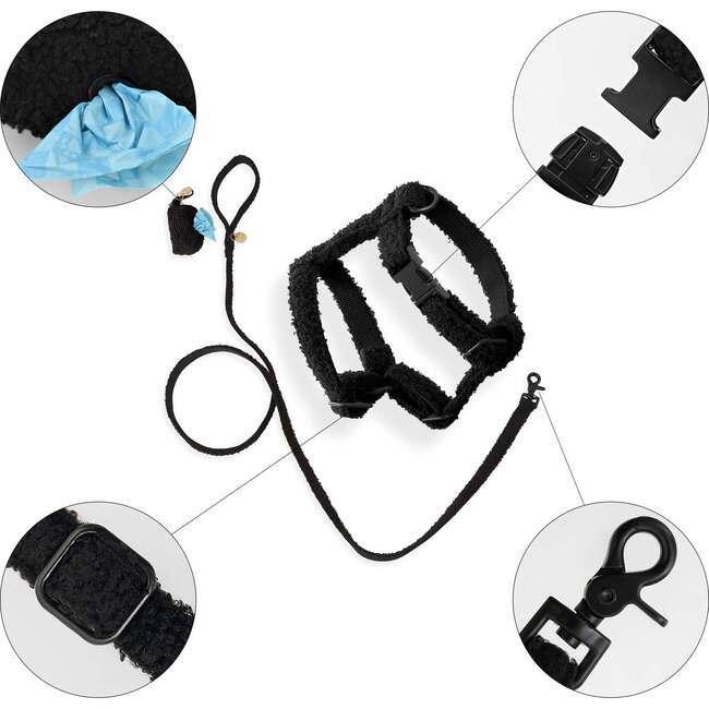 Teddy Bouclé Adjustable H Harness and Leash Walk Set with Poop Bag Pouch, Black - Collars, Leashes & Harnesses - 4