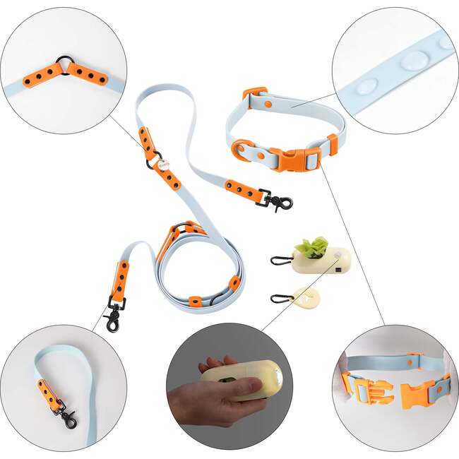 Luna 8FT Adjustable 6-in-1 Waterproof Hands Free Leash and Collar with LED Flashlight, Bag Dispenser, and Poop Bag Holder, Light Blue/Orange - Collars, Leashes & Harnesses - 4