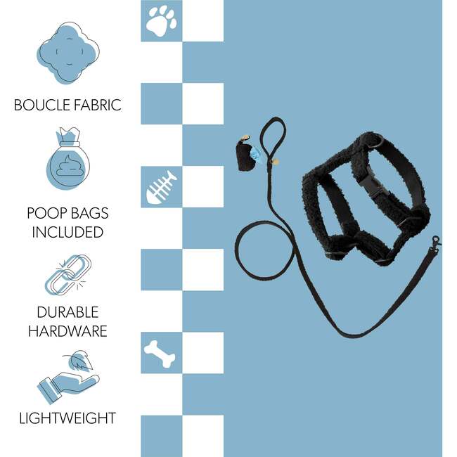 Teddy Bouclé Adjustable H Harness and Leash Walk Set with Poop Bag Pouch, Black - Collars, Leashes & Harnesses - 5