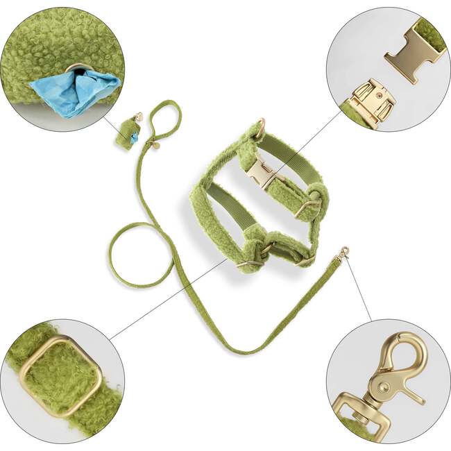 Teddy Bouclé Adjustable H Harness and Leash Walk Set with Poop Bag Pouch, Olive Green - Collars, Leashes & Harnesses - 4