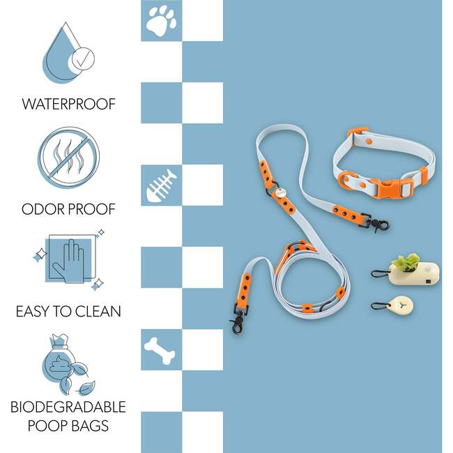 Luna 8FT Adjustable 6-in-1 Waterproof Hands Free Leash and Collar with LED Flashlight, Bag Dispenser, and Poop Bag Holder, Light Blue/Orange - Collars, Leashes & Harnesses - 5