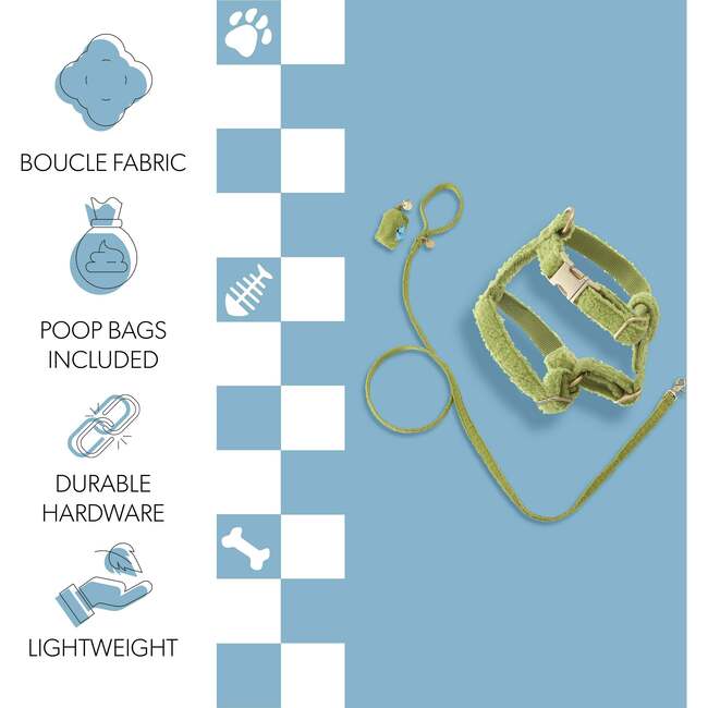 Teddy Bouclé Adjustable H Harness and Leash Walk Set with Poop Bag Pouch, Olive Green - Collars, Leashes & Harnesses - 5