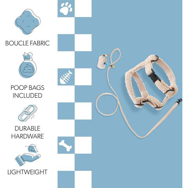 Teddy Bouclé Adjustable H Harness and Leash Walk Set with Poop Bag Pouch, Beige - Collars, Leashes & Harnesses - 5