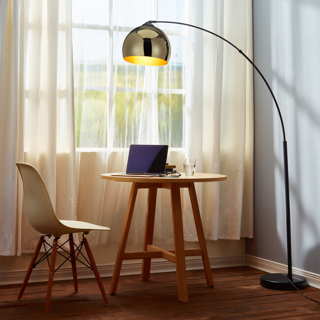 Arquer Arc Floor Lamp With Gold Shade And Black Marble Base