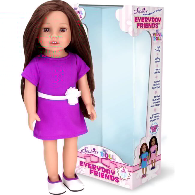 18'' Doll Miley Brunette Vinyl Doll in Purple Dress & Silver Satin Shoes, Blush