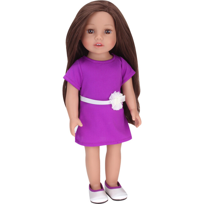 18'' Doll Miley Brunette Vinyl Doll in Purple Dress & Silver Satin Shoes, Blush