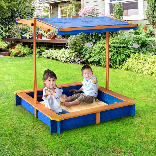 Teamson Kids Outdoor 46" x 46" Sand Box with Adjustable Canopy