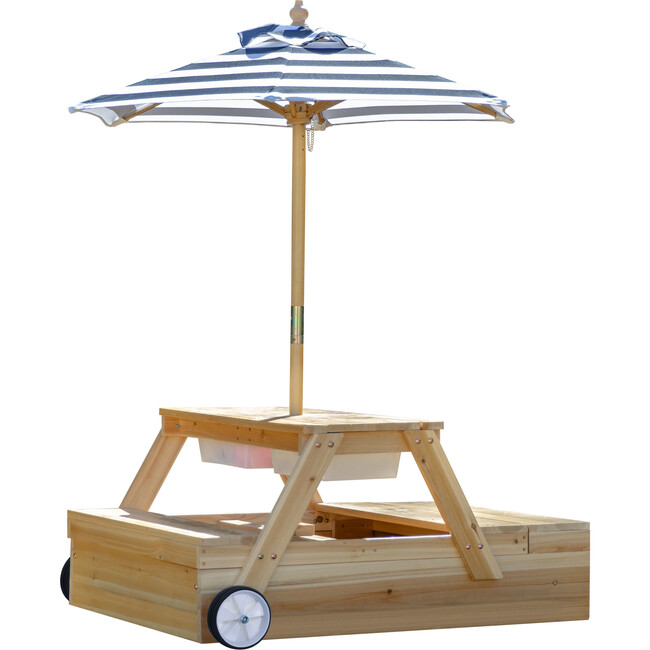 Teamson Kids Sorrento Wooden 2-in-1 Picnic Table with Sandbox & Umbrella, Natural