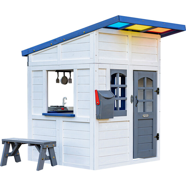 Teamson Kids Rainbow Shade Wooden Playhouse with Kitchen, Flower Box & Bench, White