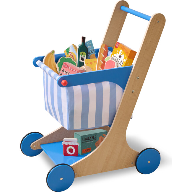 Teamson Kids Little Helper Mr. Fresh Wooden Shopping Cart with 13 Grocery Accessories, Blue