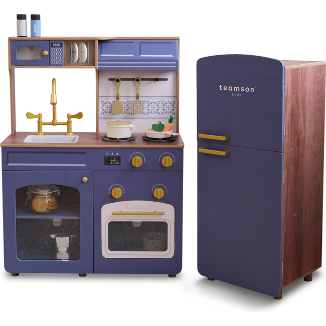 Teamson Kids Little Chef Normandy Wooden Play Kitchen with 14 Accessories, Blue