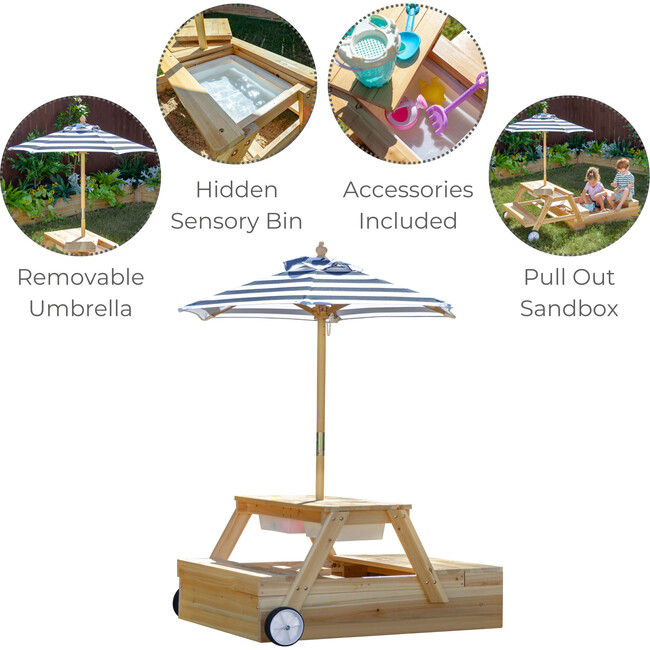 Teamson Kids Sorrento Wooden 2-in-1 Picnic Table with Sandbox & Umbrella, Natural - Outdoor Games - 3