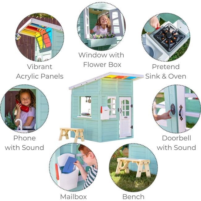 Teamson Kids Rainbow Shade Wooden Playhouse with Kitchen, Flower Box & Bench, Turquoise - Playhouses - 3