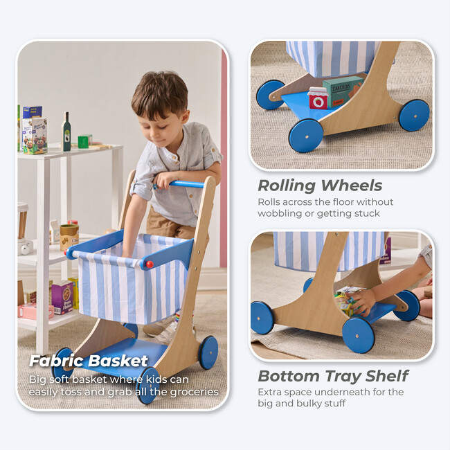 Teamson Kids Little Helper Mr. Fresh Wooden Shopping Cart with 13 Grocery Accessories, Blue - Play Food - 3