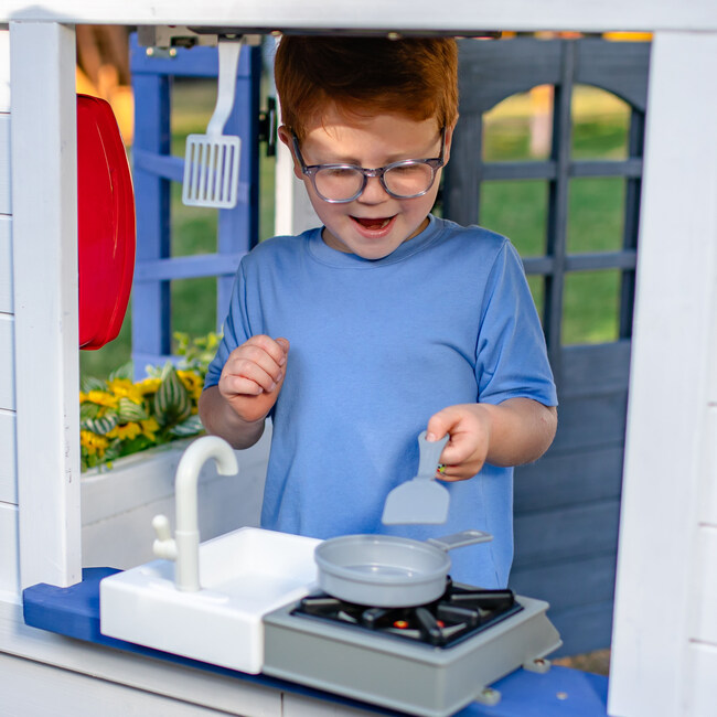 Teamson Kids Rainbow Shade Wooden Playhouse with Kitchen, Flower Box & Bench, White - Playhouses - 4