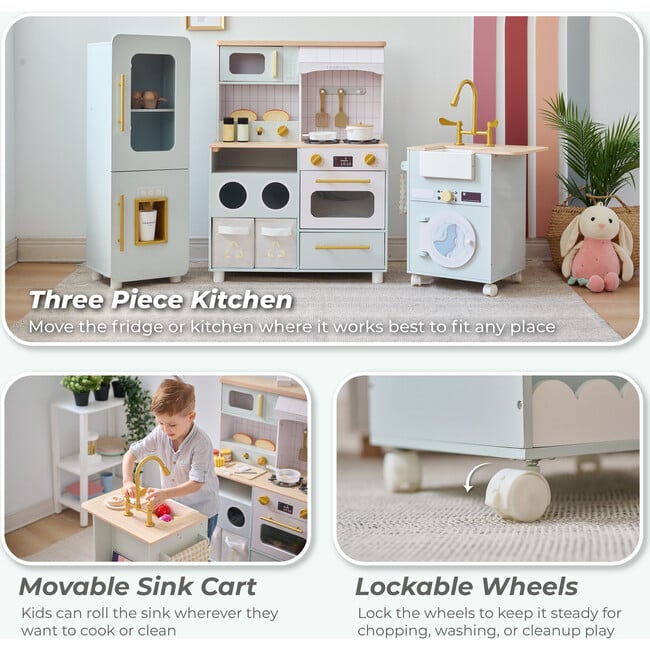 Teamson Kids Little Chef Savannah 3-Pcs Wooden Play Kitchen with 21 Accessories, Green - Play Kitchens - 3