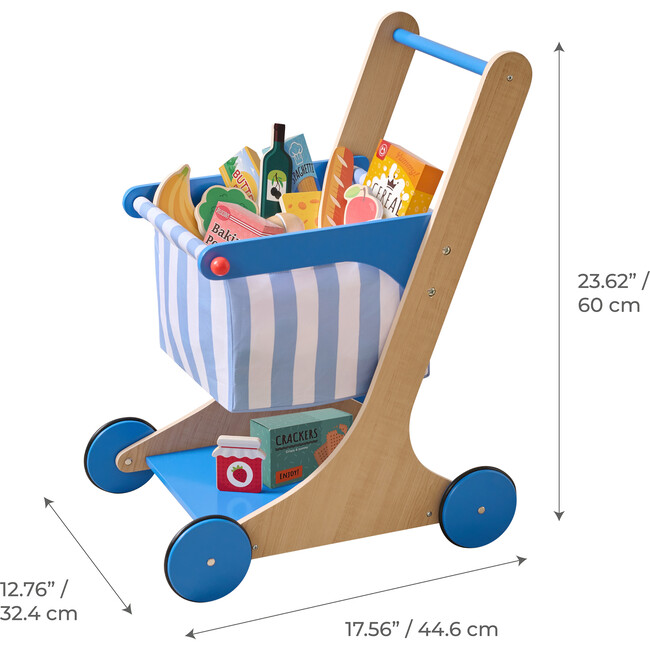 Teamson Kids Little Helper Mr. Fresh Wooden Shopping Cart with 13 Grocery Accessories, Blue - Play Food - 4