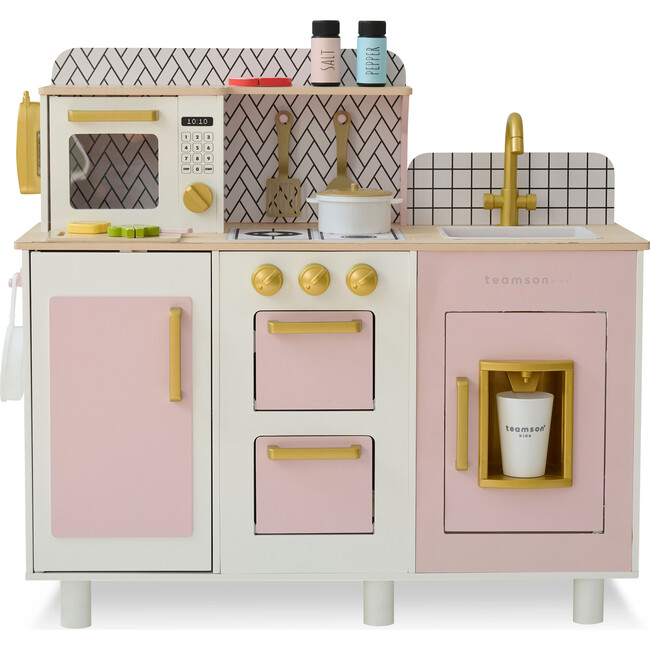 Teamson Kids Little Chef Hampton Wooden Play Kitchen with 17 Accessories, Pink