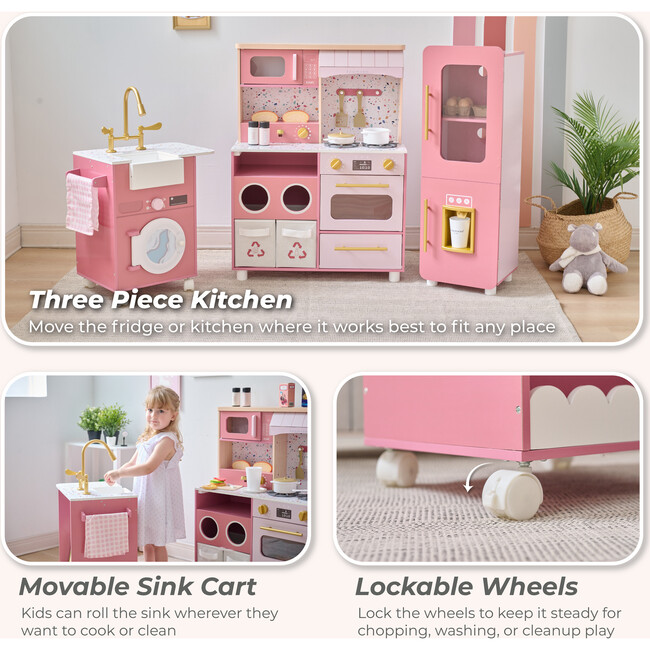 Teamson Kids Little Chef Savannah Wooden Play Kitchen with 21 Accessories, Pink - Play Kitchens - 4