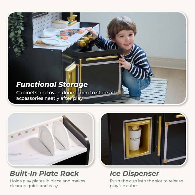 Teamson Kids Little Chef St. Louis 2-Pcs Wooden Play Kitchen with 15 Accessories, Black - Play Kitchens - 5