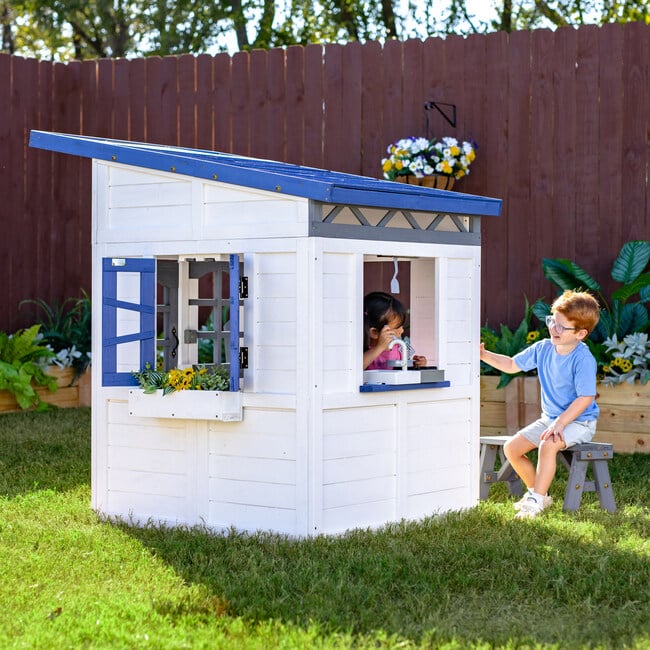 Teamson Kids Rainbow Shade Wooden Playhouse with Kitchen, Flower Box & Bench, White - Playhouses - 5