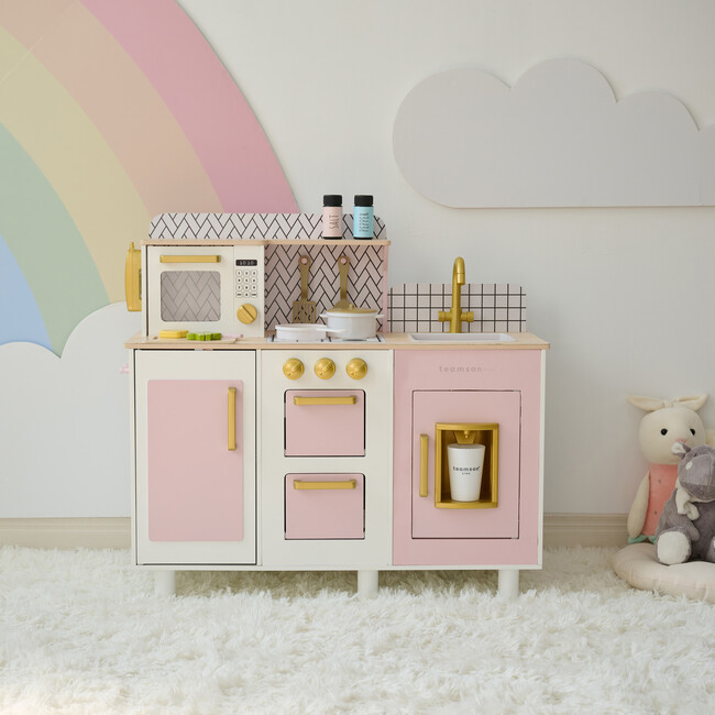 Teamson Kids Little Chef Hampton Wooden Play Kitchen with 17 Accessories, Pink