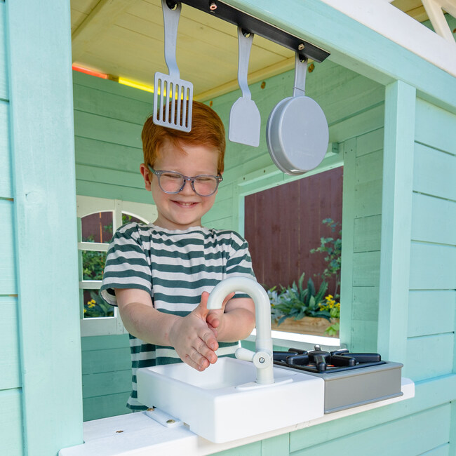 Teamson Kids Rainbow Shade Wooden Playhouse with Kitchen, Flower Box & Bench, Turquoise - Playhouses - 5