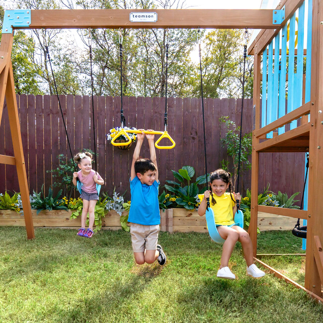 Teamson Kids Laguna Wooden Swing Set with Slide & Rock Wall, Natural - Outdoor Games - 6