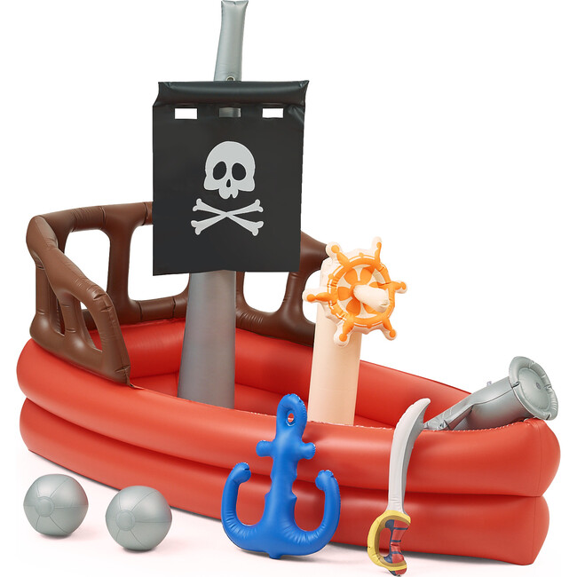 Water Fun Inflatable Pirate Ship Sprinkler Play Center with Air Pump, Beach Balls & Accessories, Red - Pool Floats - 1