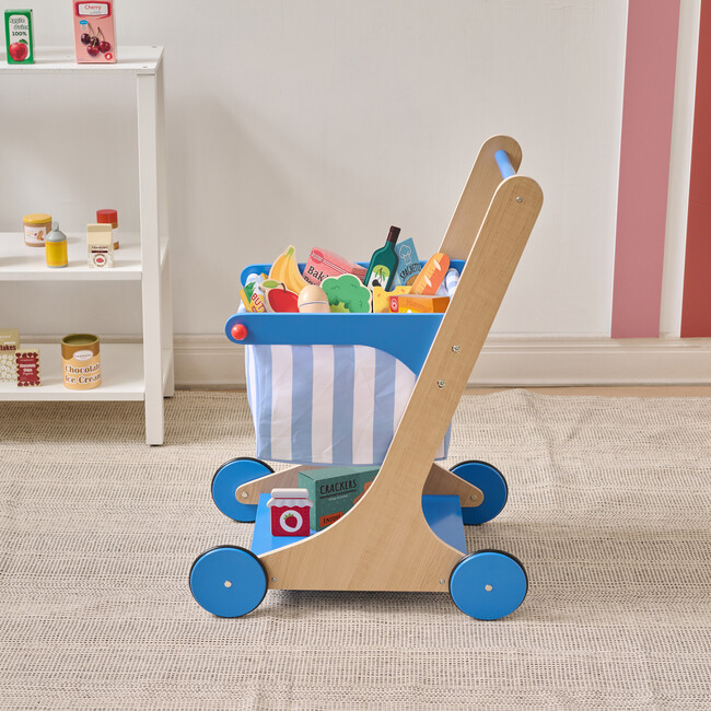 Teamson Kids Little Helper Mr. Fresh Wooden Shopping Cart with 13 Grocery Accessories, Blue - Play Food - 6