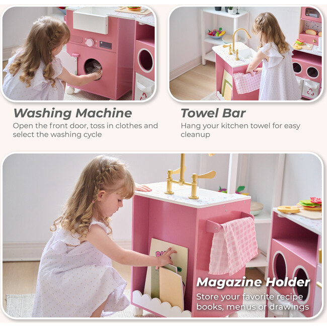 Teamson Kids Little Chef Savannah Wooden Play Kitchen with 21 Accessories, Pink - Play Kitchens - 6