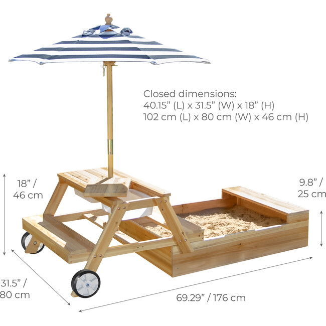 Teamson Kids Sorrento Wooden 2-in-1 Picnic Table with Sandbox & Umbrella, Natural - Outdoor Games - 7