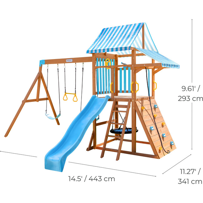 Teamson Kids Laguna Wooden Swing Set with Slide & Rock Wall, Natural - Outdoor Games - 7