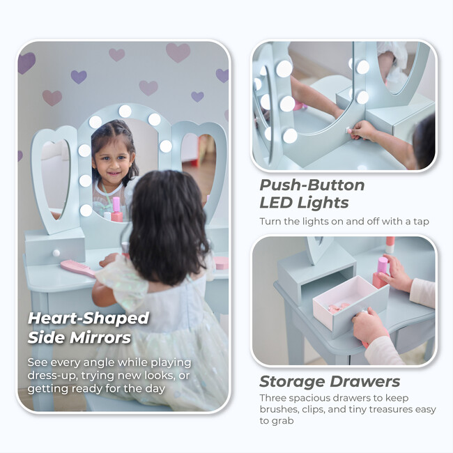 Teamson Kids Heart Glow Wooden Vanity Set with LED Lights Mirror & Stool - Play Vanities - 3