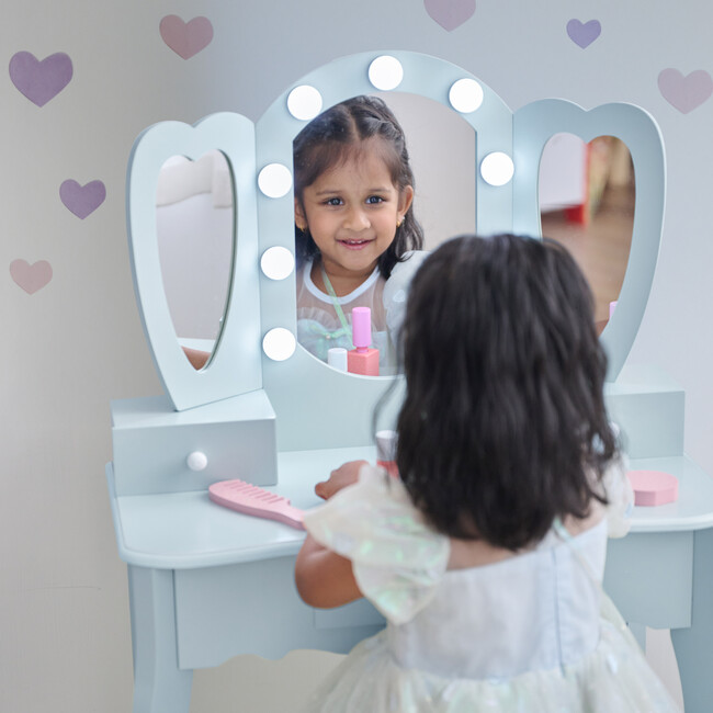 Teamson Kids Heart Glow Wooden Vanity Set with LED Lights Mirror & Stool - Play Vanities - 5
