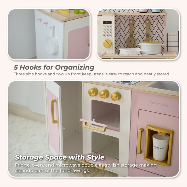 Teamson Kids Little Chef Hampton Wooden Play Kitchen with 17 Accessories, Pink - Play Kitchens - 5