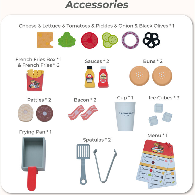 Teamson Kids Flip & Fry Wooden Burger Shop with 29 Pcs Accessories - Play Kitchens - 6