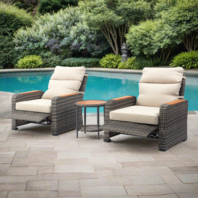 Teamson Home Outdoor Seating Wicker Frame & Wood Armrests Recliner Set in Gray