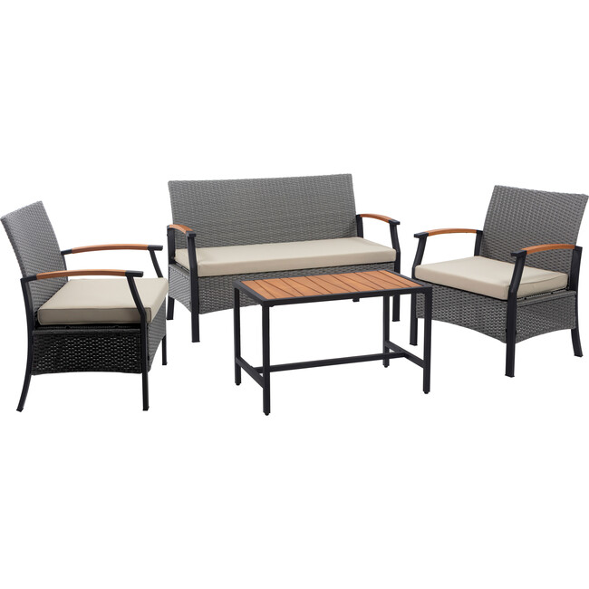 Teamson Home Wooden Armrests Outdoor Patio Furniture Conversation Set with Rattan Wicker Look