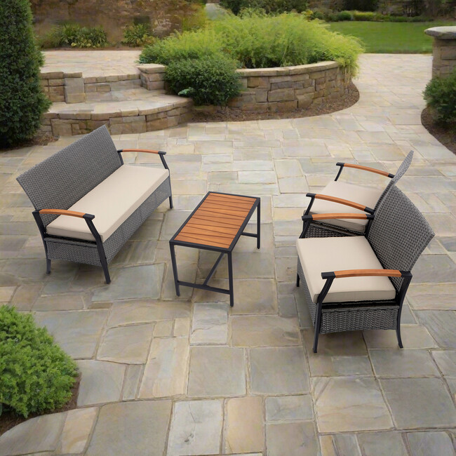 Teamson Home Wooden Armrests Outdoor Patio Furniture Conversation Set with Rattan Wicker Look