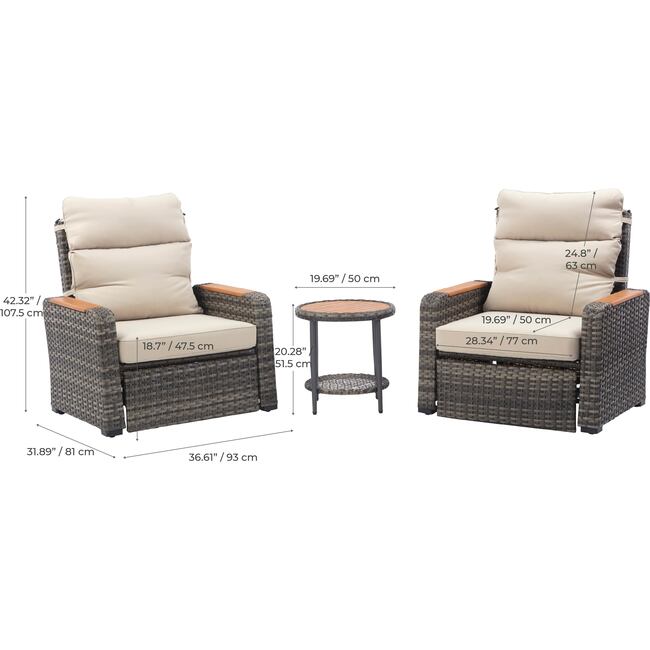 Teamson Home Outdoor Seating Wicker Frame & Wood Armrests Recliner Set in Gray - Outdoor Home - 4