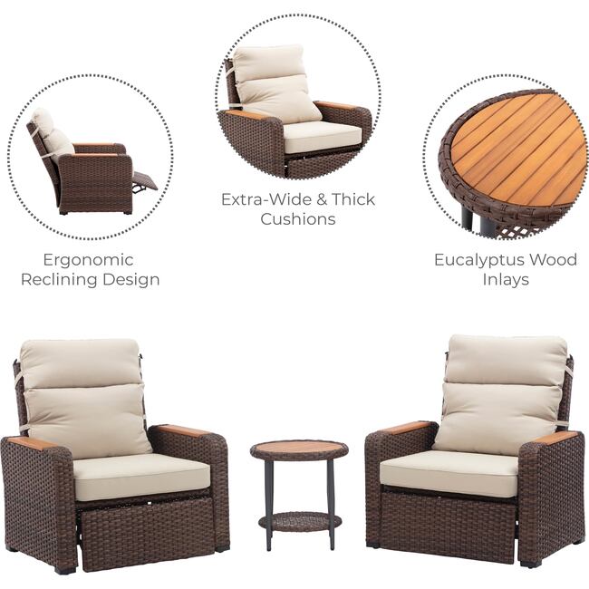 Teamson Home Outdoor Seating  Wicker Frame & Wood Armrests Recliner Set in Warm Brown - Outdoor Home - 3